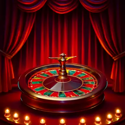 Red velvet cabaret stage with a spinning roulette wheel in Cabaret Roulette (Winfinity).