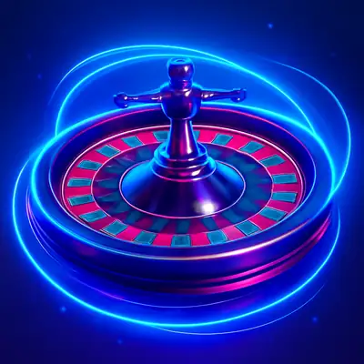Futuristic roulette wheel floating in blue light in Gravity Roulette (Iconic 21).