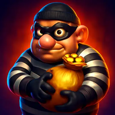 Cartoon bandit in a striped shirt clutching a sack of gold in Le Bandit (Hacksaw).