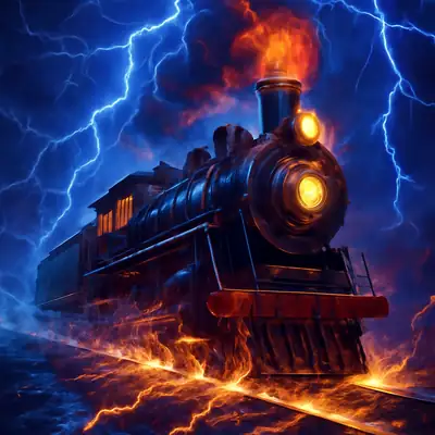 Steam locomotive charging through a thunderstorm in Thunderline Express (Penguin King).